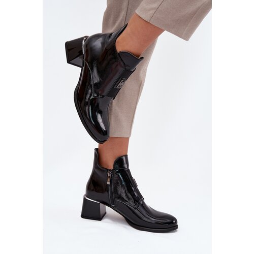 Zazoo Leather Lacquered Block Heel Boots with Decorative Detail Insulated Slike