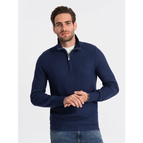 Ombre Men's knitted sweater with spread collar - dark blue Slike