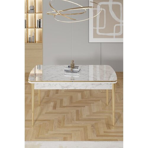 Hanah home trpezarijski sto na razvlačenje Rada, 132 &times; 80 cm (razvučen 170 cm), ploča u dekoru belog mermera, zlatne noge Cene