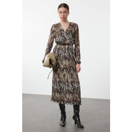 Trendyol Brown Belted Plain Belted Maxi Woven Dress Slike