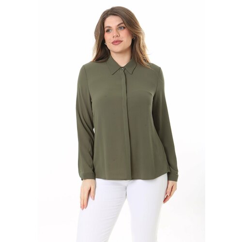 Şans Women's Plus Size Khaki Hidden Pat Button Long Sleeve Blouse Cene