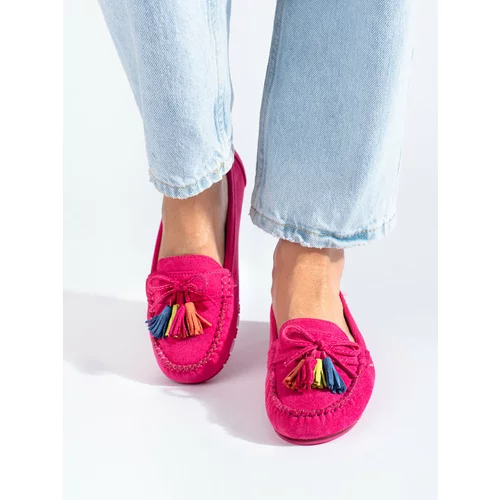 SHELOVET Fuchsia suede boho loafers with tassels