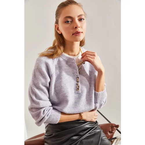 Bianco Lucci Women's Buttoned Collar Turtleneck Striped Knitwear Sweater