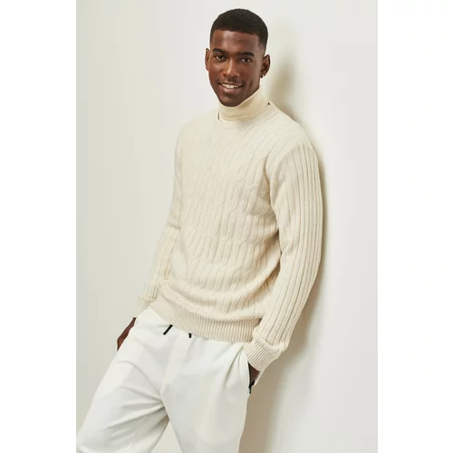 AC&Co / Altınyıldız Classics Men's Ecru Standard Fit Regular Cut Crew Neck Jacquard Wool Knitwear Sweater