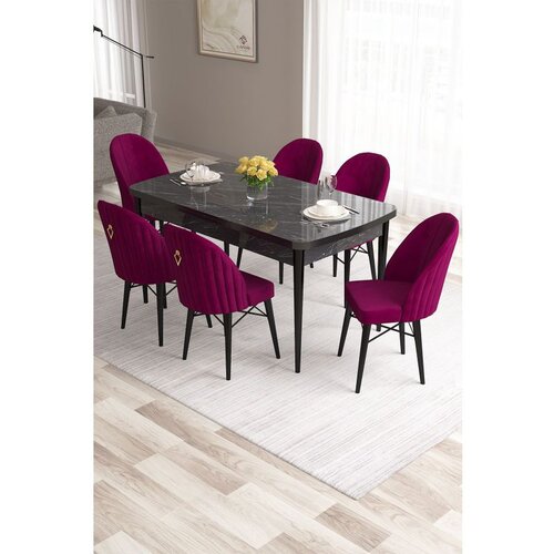 Hanah home Roz - Black Marble, Damson Black MarbleDamson Extendable Dining Table & Chairs Set (7 Pieces) Cene