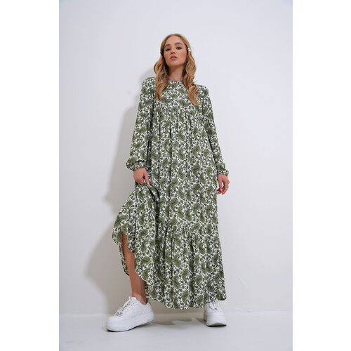 Trend Ala&amp;ccedil;atı Stili Women&amp;#039;s Green Crew Neck Patterned Skirt Flounced Woven Viscose Dress Slike