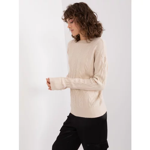 Fashion Hunters Light beige knitted women's sweater with cable pattern