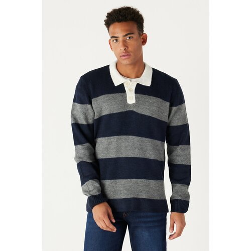 AC&Co / Altınyıldız Classics Men's Navy Blue-gray Standard Fit Regular Cut Polo Neck Striped Knitwear Sweater. Cene