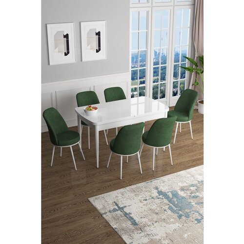 Hanah home Han - White, Khaki WhiteKhaki Extendable Dining Table & Chairs Set (7 Pieces) Cene
