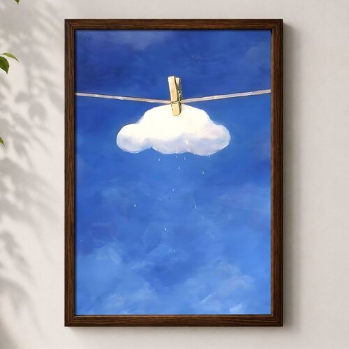 Wallxpert uramljena mdf slika 3752KACT-023, oblak okačen &scaron;tipaljkom o konopac na plavom nebu, 37 x 52 cm Cene