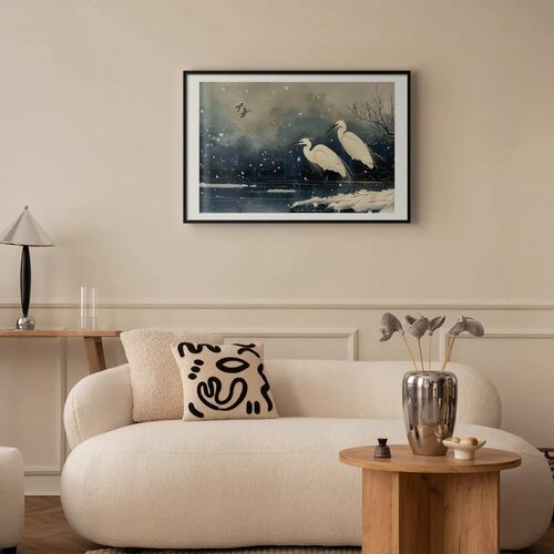  Plakat - Herons over a Winter Pond - illustration in the Japanese style in dark colors 90x60 Crni okvir s margom Slike