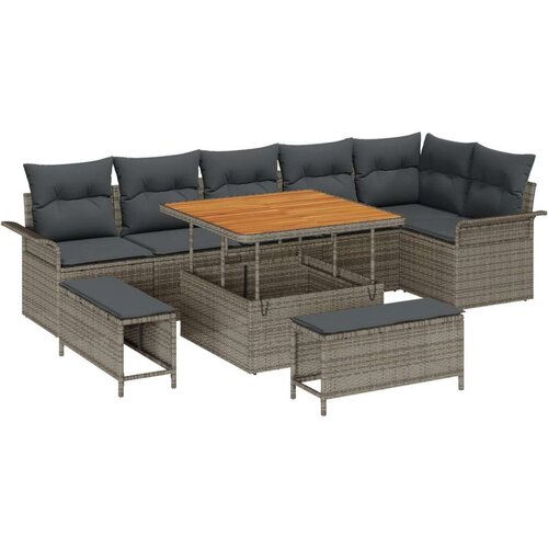  9-dijelni vrtni sofa set s jastučićima siva poli ratan akacija 2-sjedalni vrtni sofa s pohranom i jastučićima siva poli ratan Cene