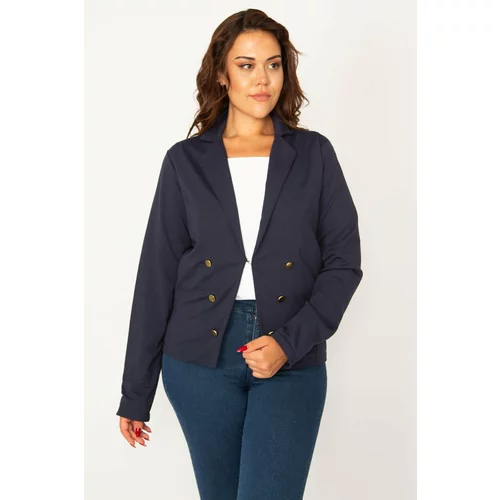 Şans Women's Plus Size Navy Blue Agraph Closure Ornamental Metal Buttons Lined Classic Jacket