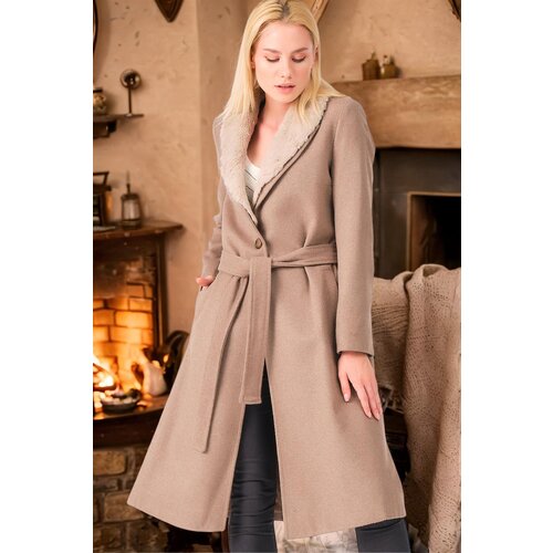 Dewberry Z6671 WOMEN&amp;#039;S COAT-PLAIN BEIGE Slike