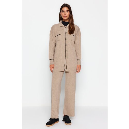 Trendyol Stone Color Block Jacket-Trousers Knitwear Two Piece Set Slike
