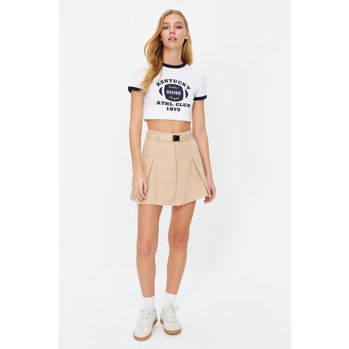 Trendyol Beige Belted Pleated High Waist Mini Denim Skirt Slike