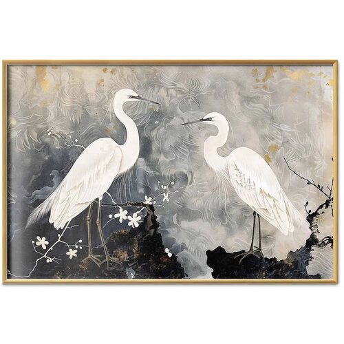  Plakat - Herons and Cherry Blossom - oriental-style illustration depicting birds 60x40 Zlatni okvir Slike
