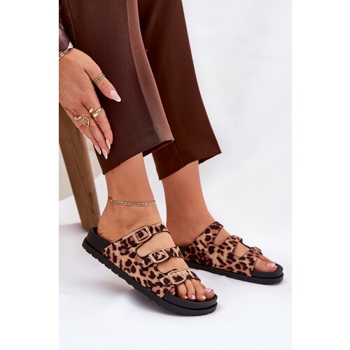Boto Ladies Slippers With Straps And Buckles In Leopard Print Brown Uliri Cene