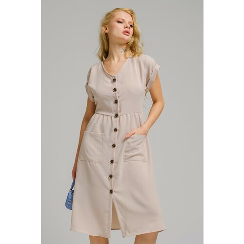 armonika Women's Beige Patterned V-Neck Buttoned Front Midi Length Dress Slike