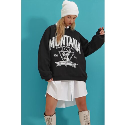 Trend Alaçatı Stili Women's Black Hooded Letter Printed Fleece Collegiate Sweatshirt Slike