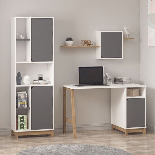 Hanah home radni sto sa policom Venaro Set 1 (Desk + Large Bookcase), beli / orah Slike