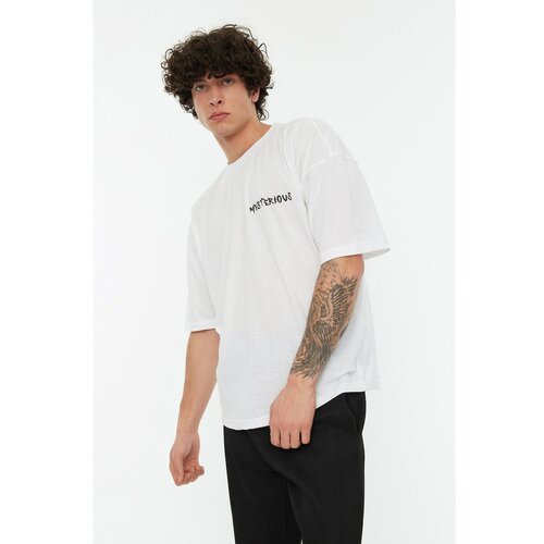 Trendyol White Men's Oversize Fit Crew Neck Short Sleeve Printed T-Shirt Slike
