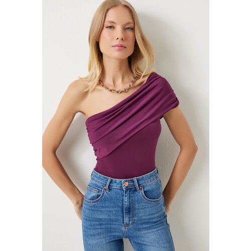  Women's Plum One Shoulder Gathered Knitted Blouse Cijene