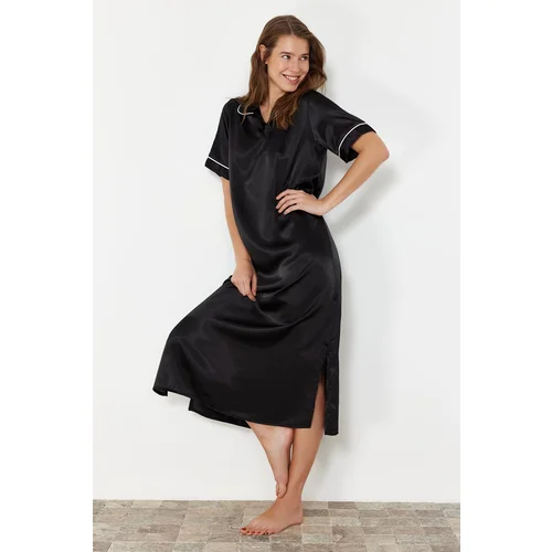 Trendyol Black Piping and Slit Detailed Satin Woven Nightgown