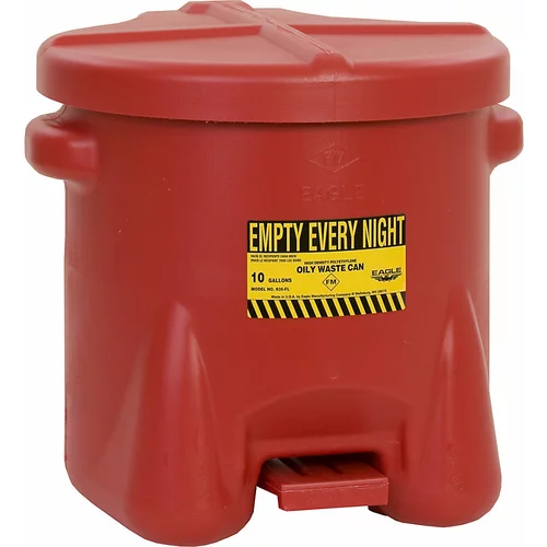 Justrite Varnostna PE-posoda za odstranjevanje agresivnih snovi, prostornina 38 l, s pedalom, rdeče barve