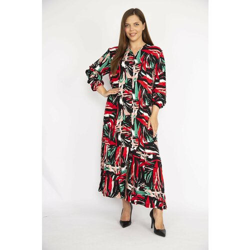 Şans Women's Colorful Plus Size Woven Viscose Fabric Front Buttoned Tiered Long Sleeve Dress Slike