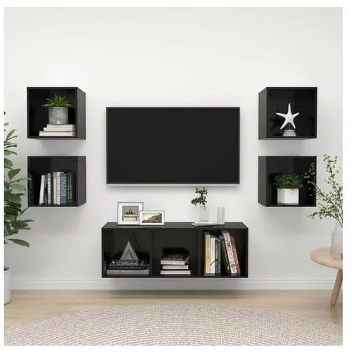 Den Komplet TV omaric 5-delni visok sijaj črna iverna plošča