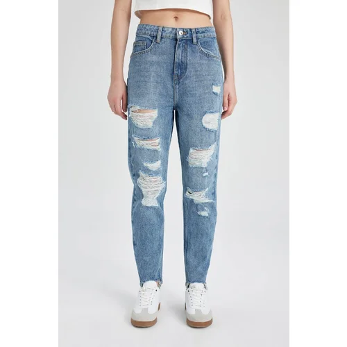 Defacto Mom Fit Ripped Detail High Waist Ankle Length Jean Washed Trousers