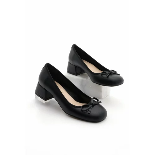Marjin Women's Chunky Heel Bow Detail Flat Toe Classic Heeled Shoes Medve Black