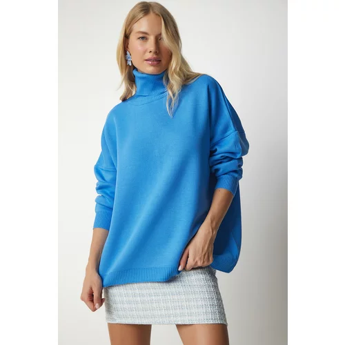 Happiness İstanbul Women's Blue Turtleneck Oversized Knitwear Sweater