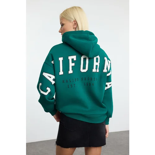 Trendyol Emerald Green Slogan Printed Oversize/Wide Fit Thick Inside Fleece Knitted Sweatshirt