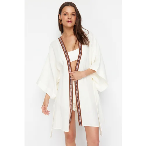 Trendyol Ecru Belted Maxi Woven Muslin Kimono & Kaftan