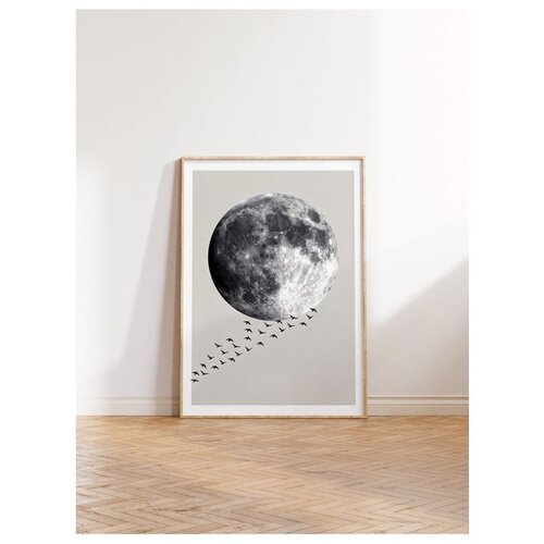 Wallxpert uramljena slika 115210, crno-beli Mesec i jato ptica na svetlosivoj pozadini, 50 x 70 cm, ram u boji prirodnog drveta Slike