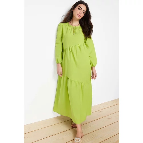 Trendyol Oil Green Gather Detailed Cotton Wide Fit Woven Dress