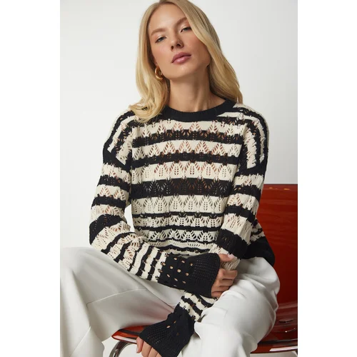  Women's Black Cream Openwork Contrast Knitwear Sweater