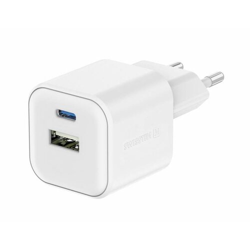 Swissten punjač za AC220, 12W, 1xUSB-C, 1xUSB-A, Smart IC, 2.4A, bijeli Slike