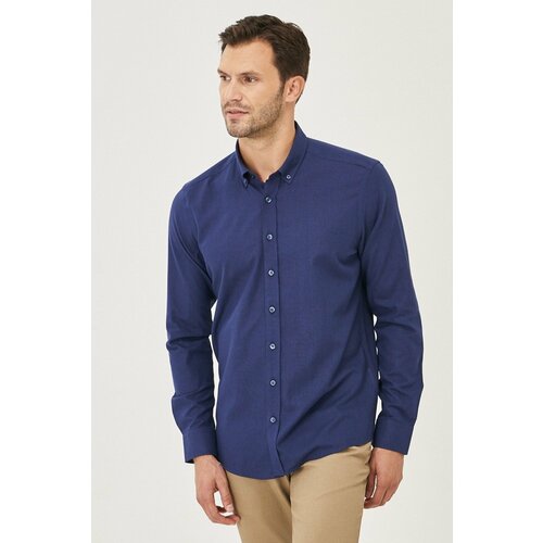 AC&Co / Altınyıldız Classics Men's Navy Blue Tailored Slim Fit Oxford Buttoned Collar Linen-Looking 100% Cotton Flared Shirt. Slike