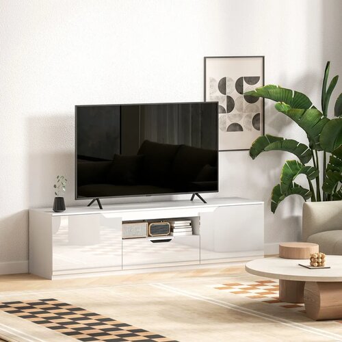  Niski TV ormarić visoki sjaj za TV do 65 3 pretinca ladica 160 x 38 x 43 cm bijela Slike