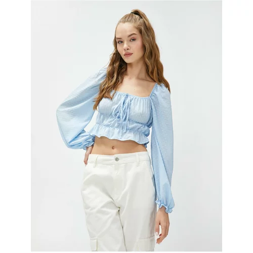 Koton Crop Blouse Balloon Sleeves Square Collar Tie Detail Frilly