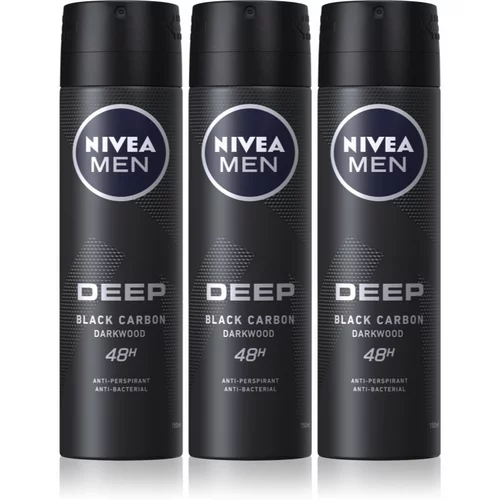 Nivea Men Deep Black Carbon Darkwood antiperspirant v pršilu 3 x 150 ml (ugodno pakiranje) za moške