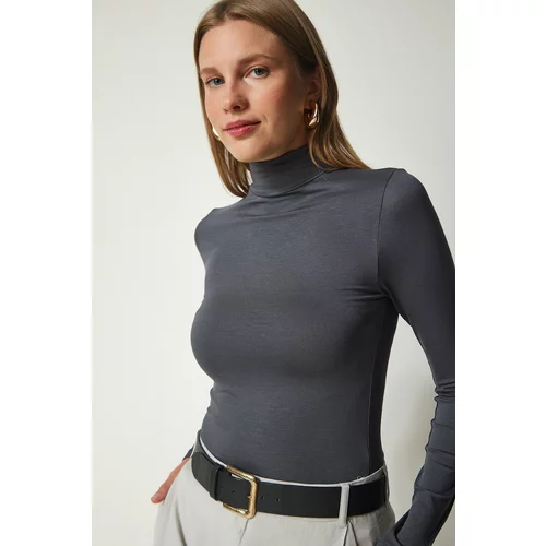 Happiness İstanbul Women's Anthracite High Neck Wraparound Elastic Knitted Blouse