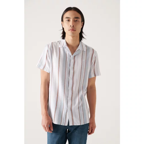 Avva Men's Brown Cuban Collar Striped Short Sleeve Shirt