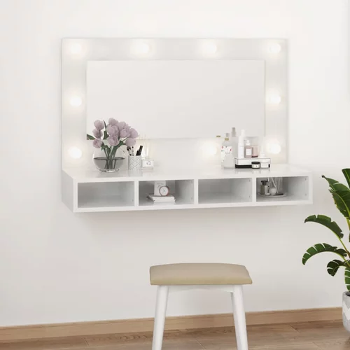 vidaXL Omarica z ogledalom in LED lučmi visok sijaj bela 90x31,5x62 cm