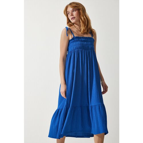 Happiness İstanbul Women's Blue Strappy Crinkle Summer Knitted Dress Slike