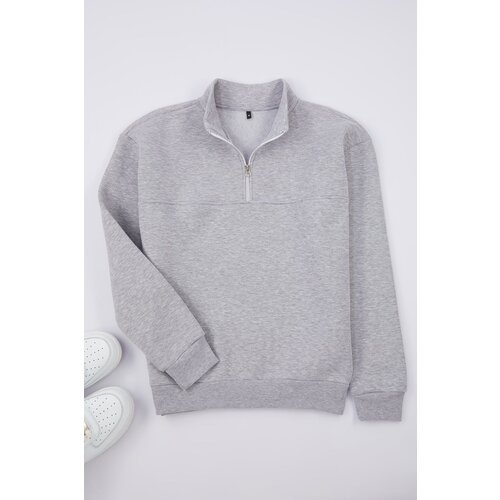 Trendyol Gray Melange Oversize/Wide Cut Stand Collar Zippered Basic Sweatshirt Slike