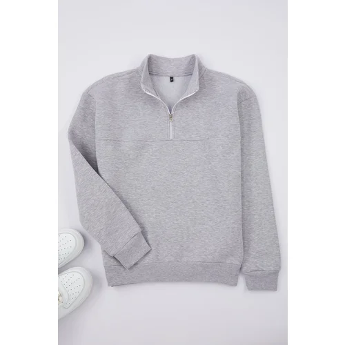 Trendyol Gray Melange Oversize/Wide Cut Stand Collar Zippered Basic Sweatshirt